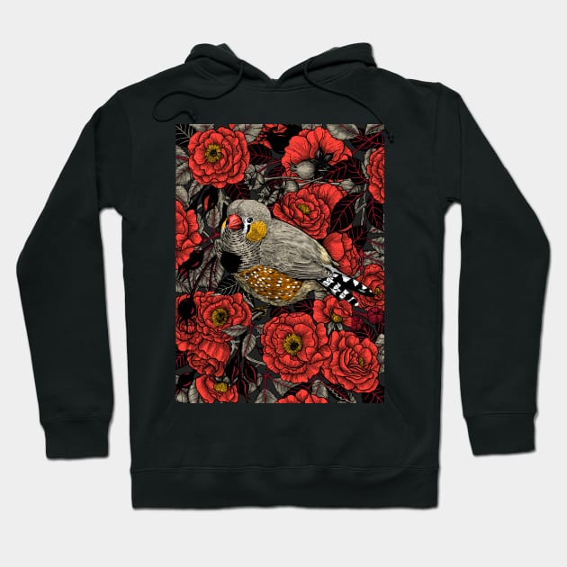 Zebra finch and red rose bush Hoodie by katerinamk